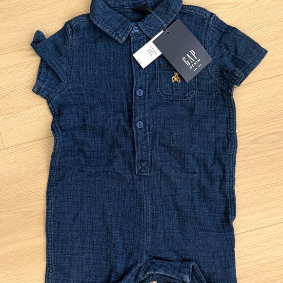 Baby Gap Gauze Button Down Pocket Romper in Denim Blue, Size 18-24 months - Picture 2 of 6